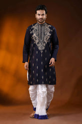 Navy blue hand embroidered cotton kantha punjabi for men - beige paisley 1