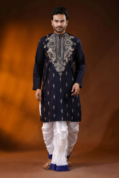 Navy blue hand embroidered cotton kantha punjabi for men - beige paisley 1