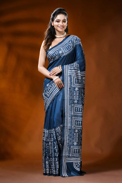 Navy blue handcrafted silk kantha saree with ethnic warli design 1