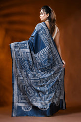 Navy blue handcrafted silk kantha saree with ethnic warli design 5