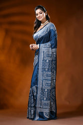 Navy blue handcrafted silk kantha saree with ethnic warli design 3