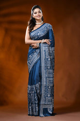 Navy blue handcrafted silk kantha saree with ethnic warli design 6
