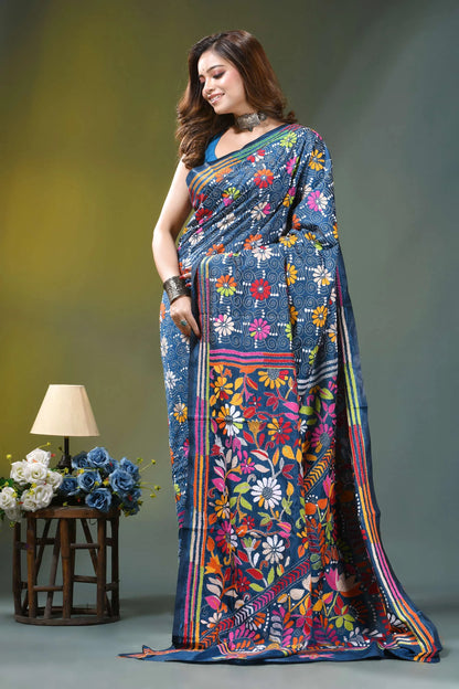 Navy blue intricate floral motif handcrafted silk kantha saree vibrant blue saree adorned colorful 4