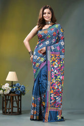Navy blue intricate floral motif handcrafted silk kantha saree vibrant blue saree adorned colorful 6