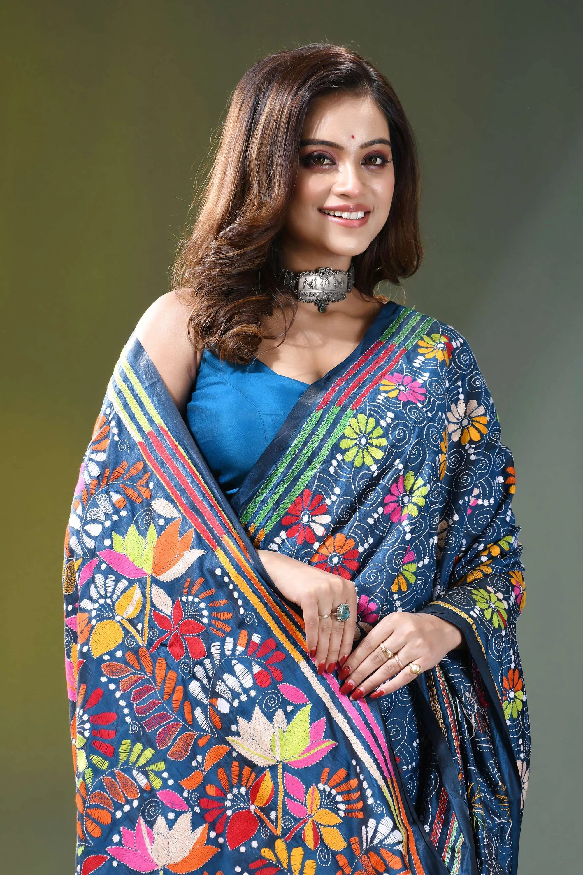Navy blue intricate floral motif handcrafted silk kantha saree vibrant blue saree adorned colorful 2