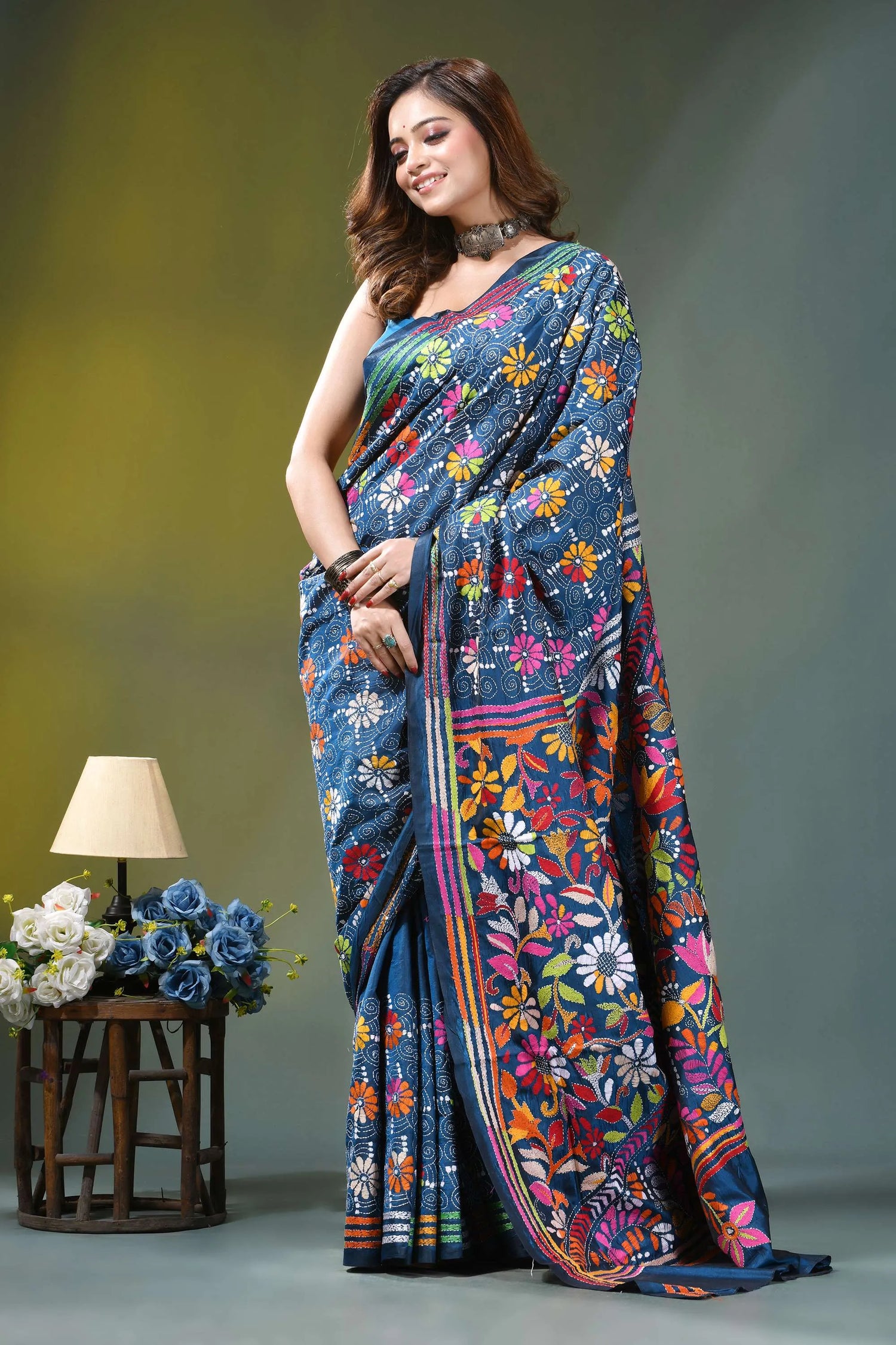 Navy blue intricate floral motif handcrafted silk kantha saree vibrant blue silk saree adorned 7