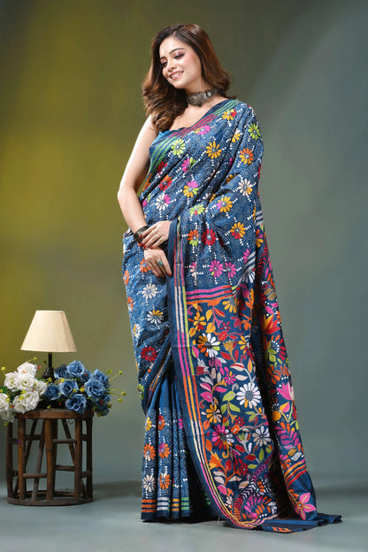 Navy blue intricate floral motif handcrafted silk kantha saree vibrant blue silk saree adorned 7