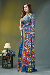 Navy blue intricate floral motif handcrafted silk kantha saree vibrant blue saree adorned intricate 3