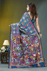 Navy blue intricate floral motif handcrafted silk kantha saree vibrant blue hand-embroidered saree intricate 5