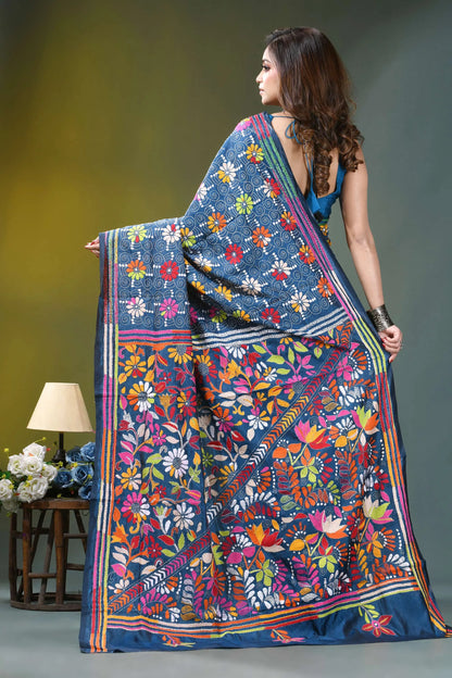 Navy blue intricate floral motif handcrafted silk kantha saree vibrant blue hand-embroidered saree intricate 5