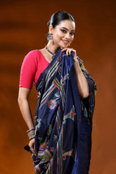 Navy blue kantha embroidery silk saree with multicolor folk art 2