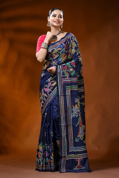Navy blue kantha embroidery silk saree with multicolor folk art 6