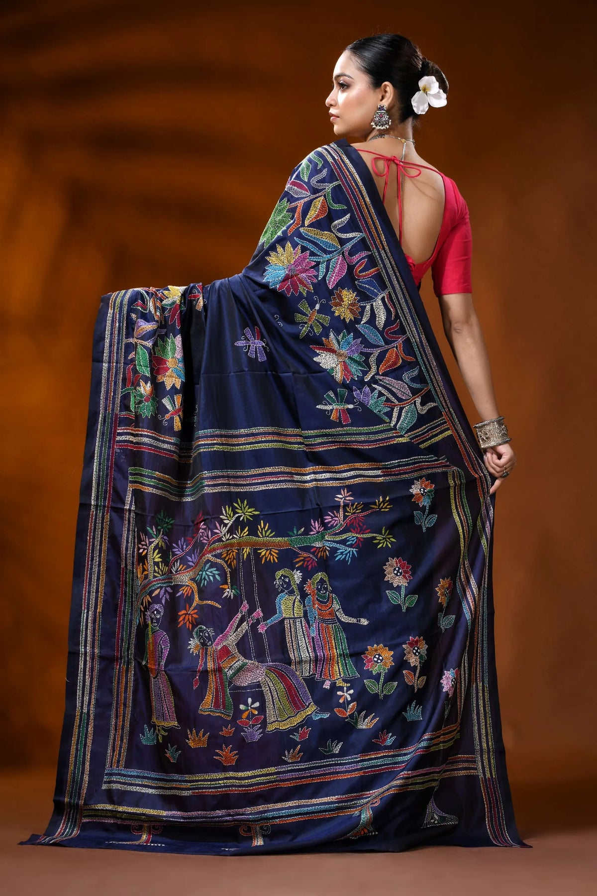Navy blue kantha embroidery silk saree with multicolor folk art 5