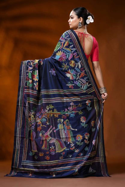 Navy blue kantha embroidery silk saree with multicolor folk art 5