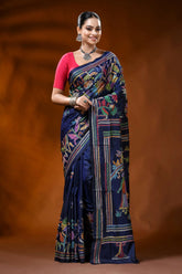 Navy blue kantha embroidery silk saree with multicolor folk art 1