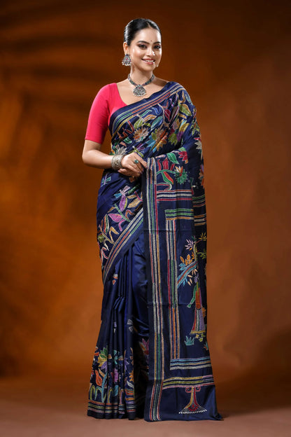 Navy blue kantha embroidery silk saree with multicolor folk art 1