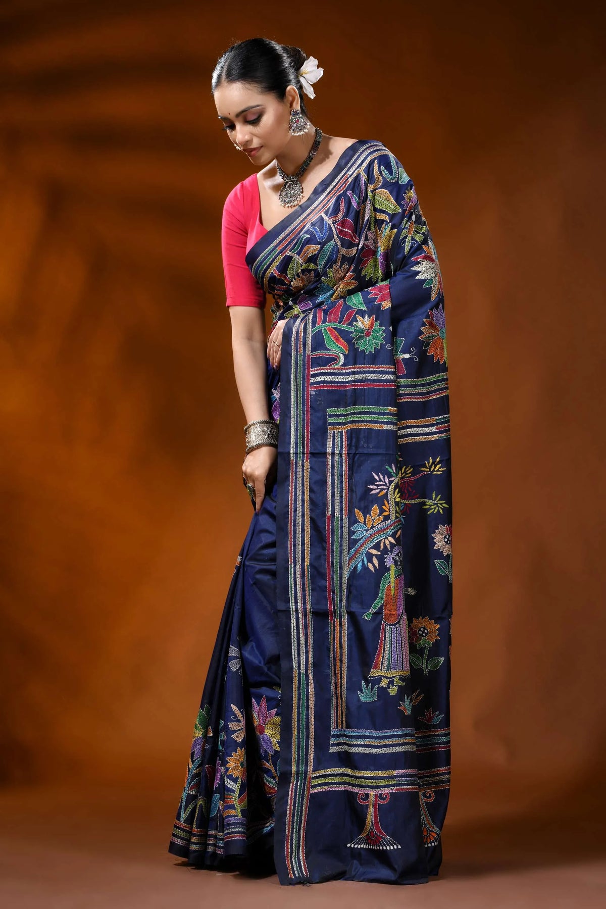 Navy blue kantha embroidery silk saree with multicolor folk art 3