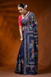 Navy blue kantha embroidery silk saree with multicolor folk art 3