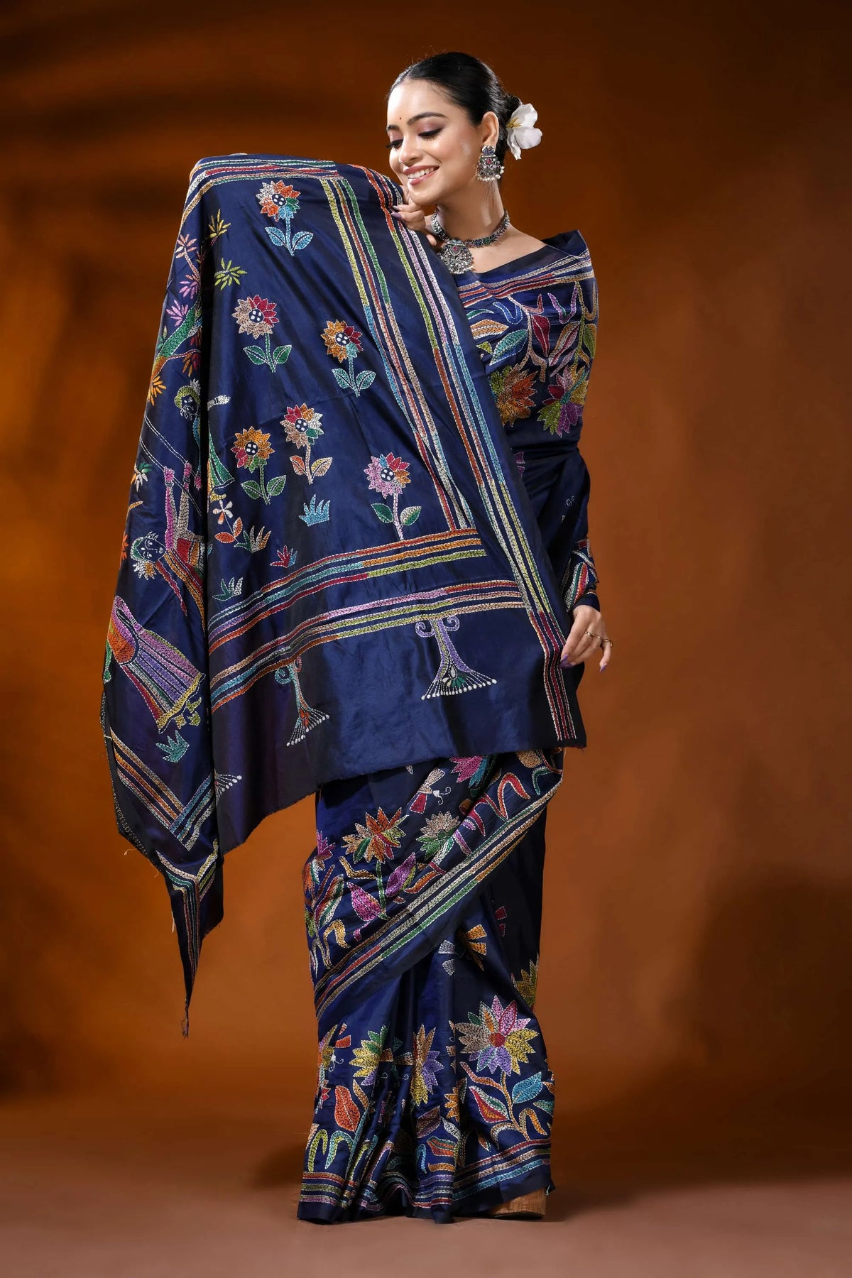 Navy blue kantha embroidery silk saree with multicolor folk art 4