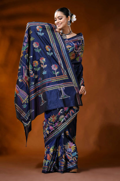 Navy blue kantha embroidery silk saree with multicolor folk art 4