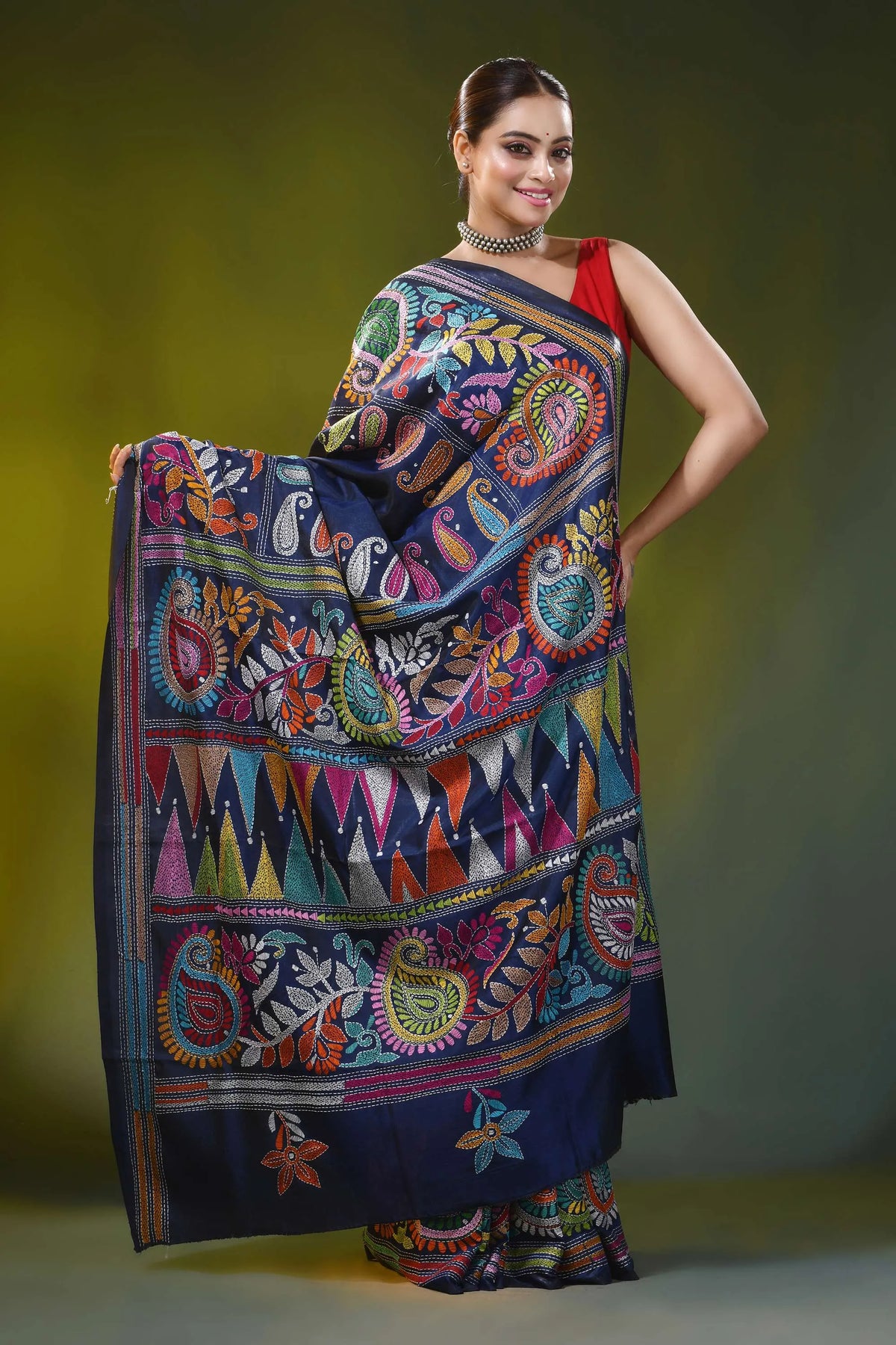 Navy blue kantha embroidery silk saree with multicolor paisley motif 5