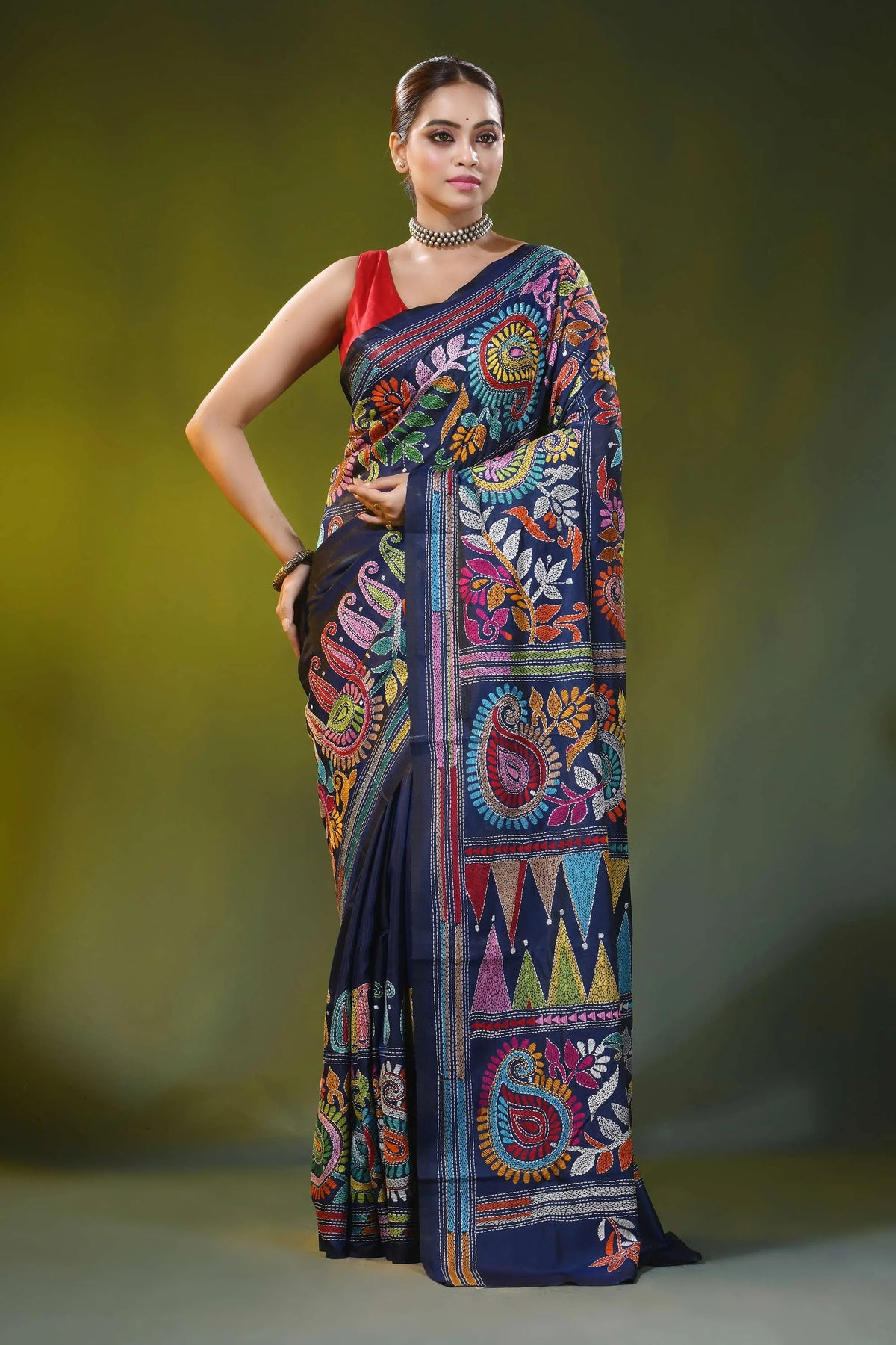 Navy blue kantha embroidery silk saree with multicolor paisley motif 6