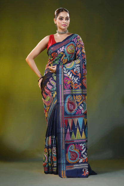 Navy blue kantha embroidery silk saree with multicolor paisley motif 6