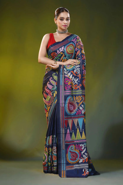 Navy blue kantha embroidery silk saree with multicolor paisley motif 1