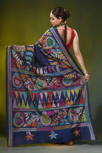 Navy blue kantha embroidery silk saree with multicolor paisley motif 4