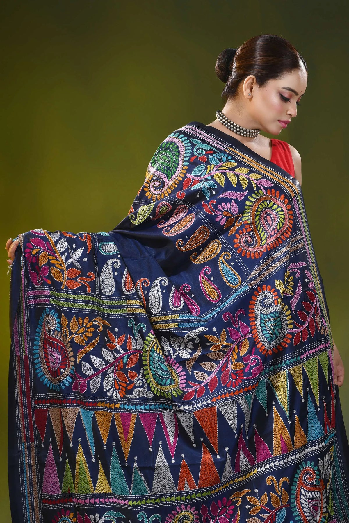 Navy blue kantha embroidery silk saree with multicolor paisley motif 2