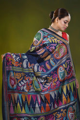 Navy blue kantha embroidery silk saree with multicolor paisley motif 2