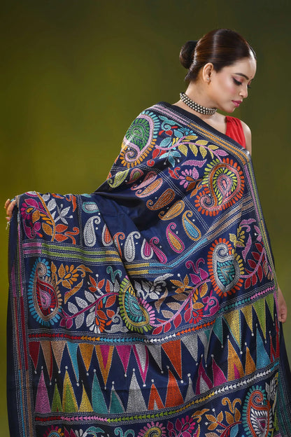 Navy blue kantha embroidery silk saree with multicolor paisley motif 2