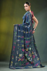 Navy blue kantha embroidery silk saree with nature theme adorned 5