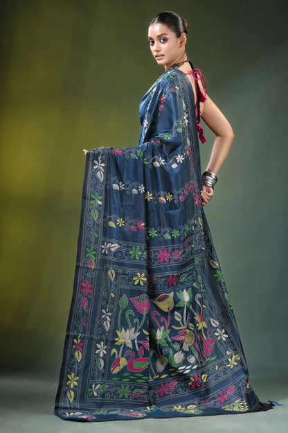 Navy blue kantha embroidery silk saree with nature theme adorned 5