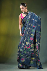 Navy blue kantha embroidery silk saree with nature theme adorned 4