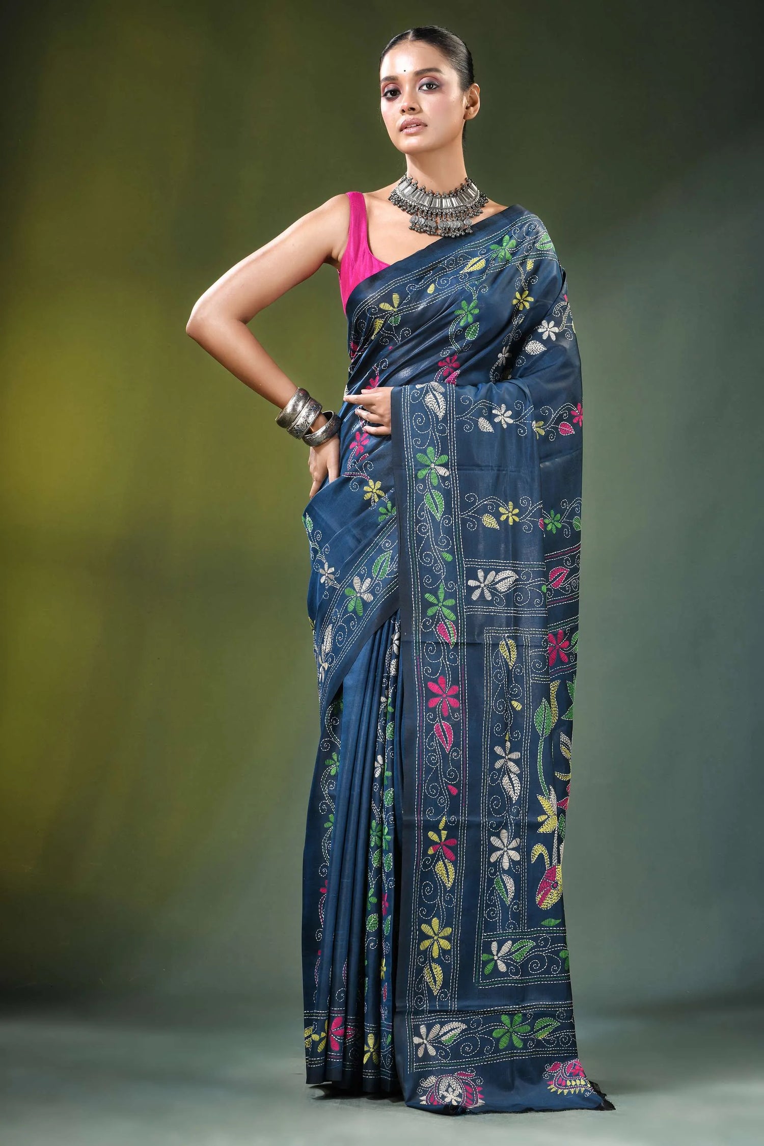 Navy blue kantha embroidery silk saree with nature theme adorned 6