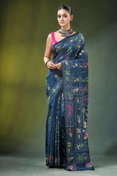 Navy blue kantha embroidery silk saree with nature theme adorned 1