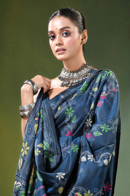 Navy blue kantha embroidery silk saree with nature theme adorned 2