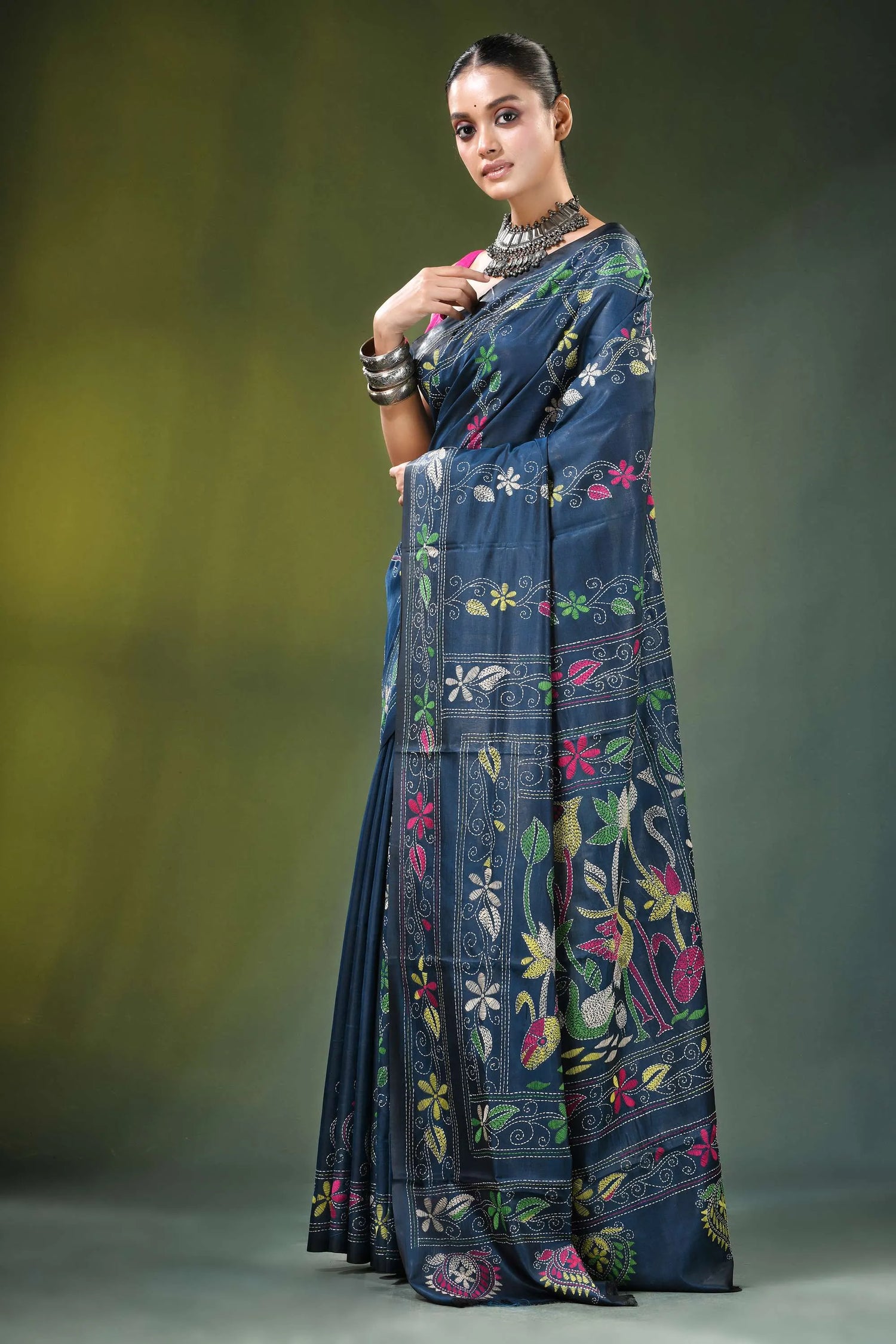 Navy blue kantha embroidery silk saree with nature theme adorned 3