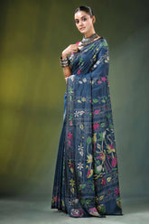 Navy blue kantha embroidery silk saree with nature theme adorned 3
