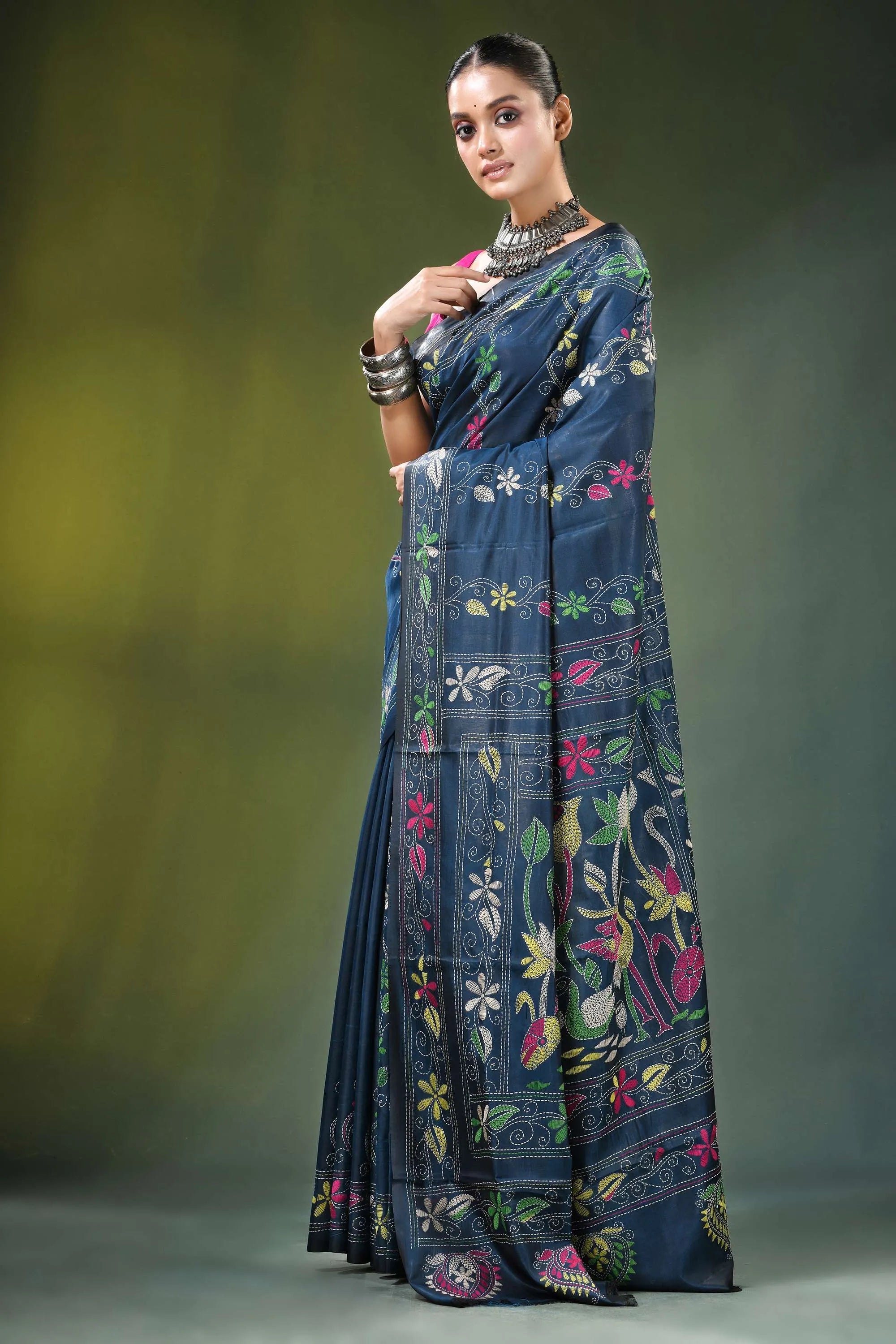 Navy blue kantha embroidery silk saree with nature theme adorned 3