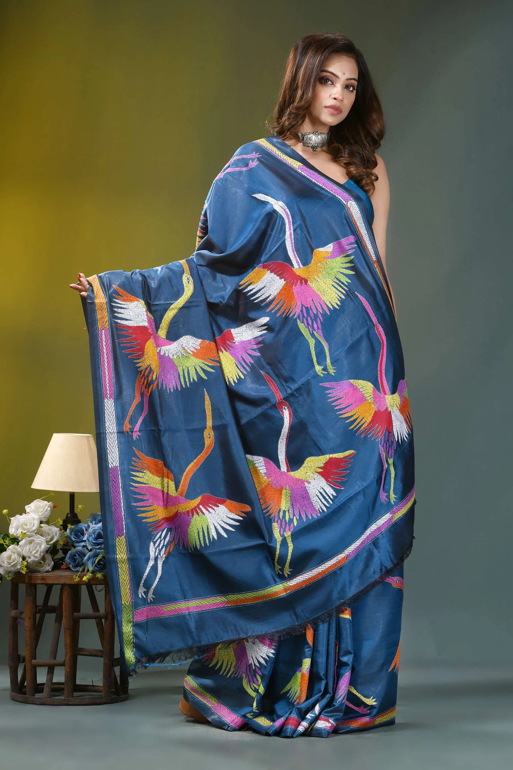 Navy blue multi-thread heron motif handcrafted silk kantha saree vibrant blue silk saree adorned 6
