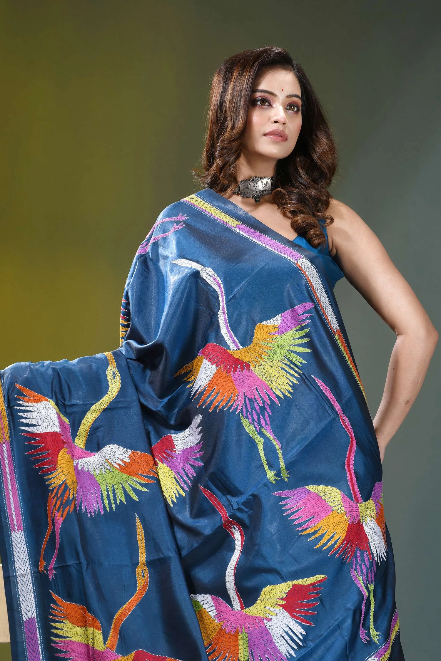 Navy blue multi-thread heron motif handcrafted silk kantha saree vibrant blue silk saree adorned 2