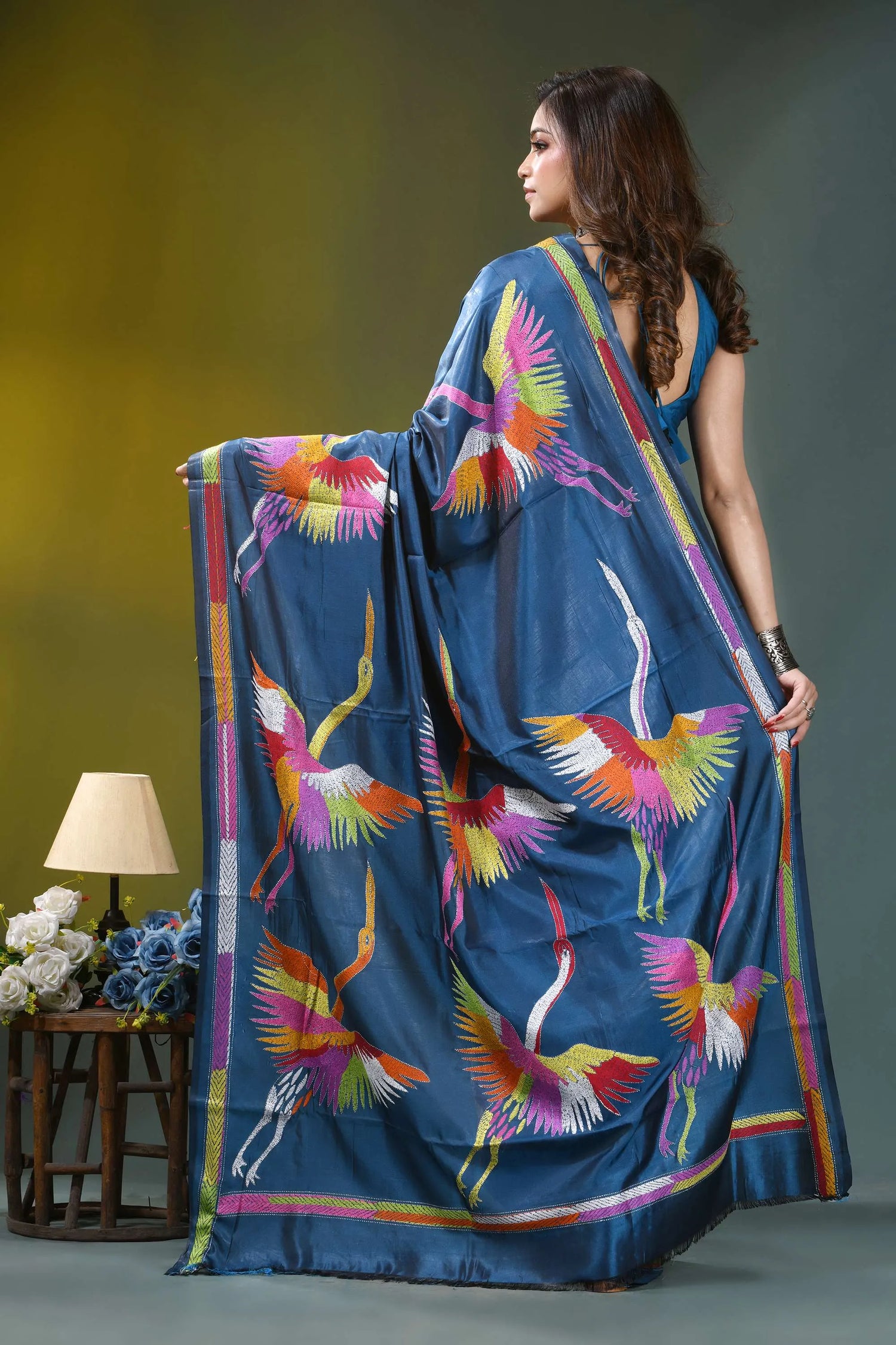 Navy blue multi-thread heron motif handcrafted silk kantha saree vibrant blue silk saree adorned 5