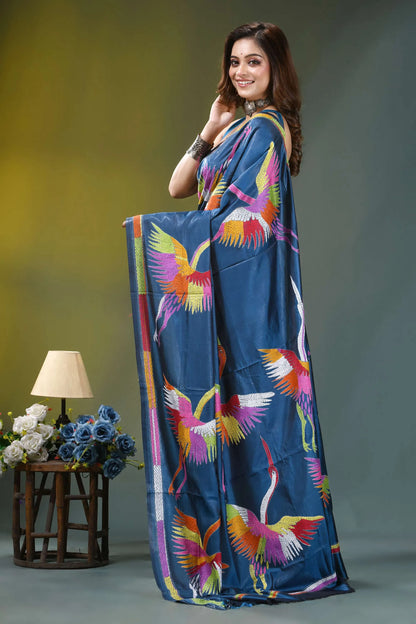 Navy blue multi-thread heron motif handcrafted silk kantha saree vibrant blue silk saree adorned 3