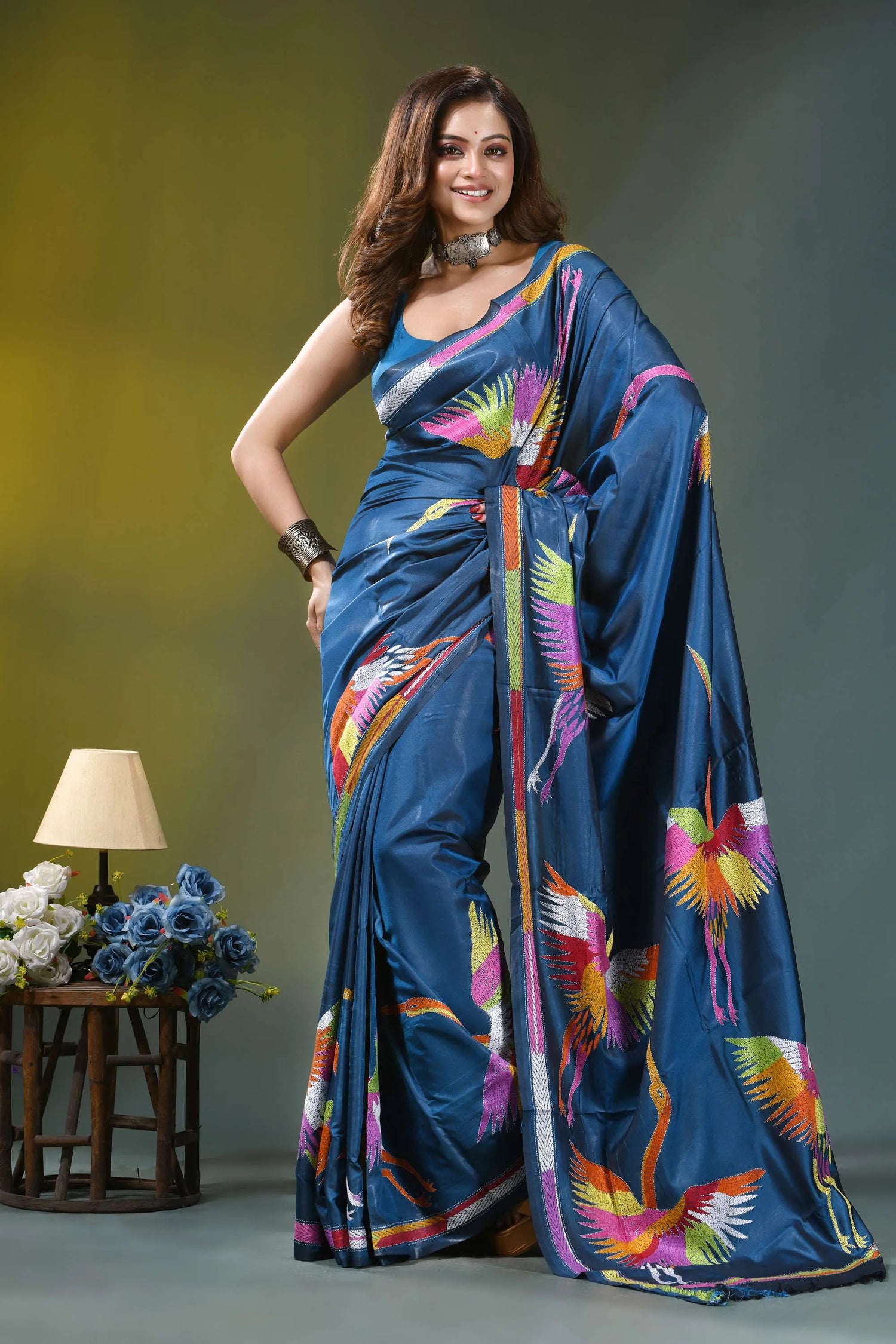 Navy blue multi-thread heron motif handcrafted silk kantha saree vibrant blue silk saree adorned 4