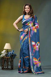 Navy blue multi-thread heron motif handcrafted silk kantha saree vibrant blue silk saree adorned 7