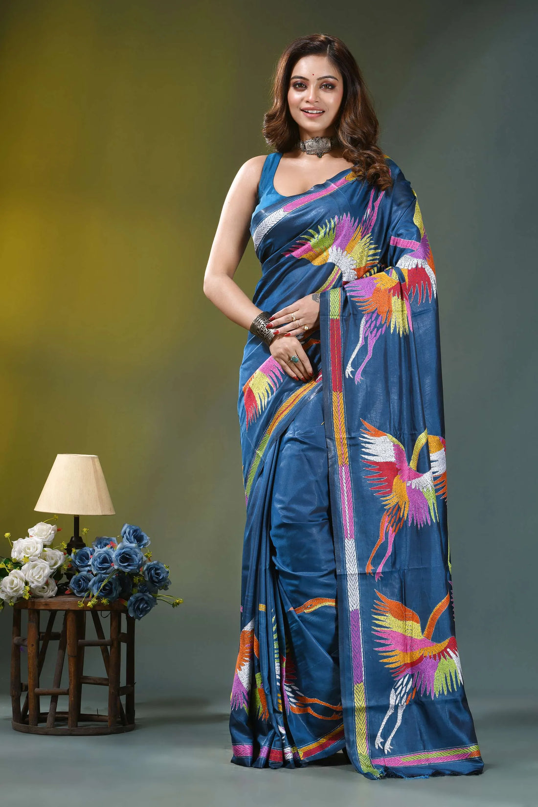 Navy blue multi-thread heron motif handcrafted silk kantha saree vibrant blue silk saree adorned 1