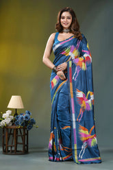 Navy blue multi-thread heron motif handcrafted silk kantha saree vibrant blue silk saree adorned 1