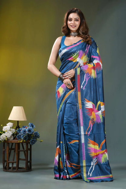 Navy blue multi-thread heron motif handcrafted silk kantha saree vibrant blue silk saree adorned 1